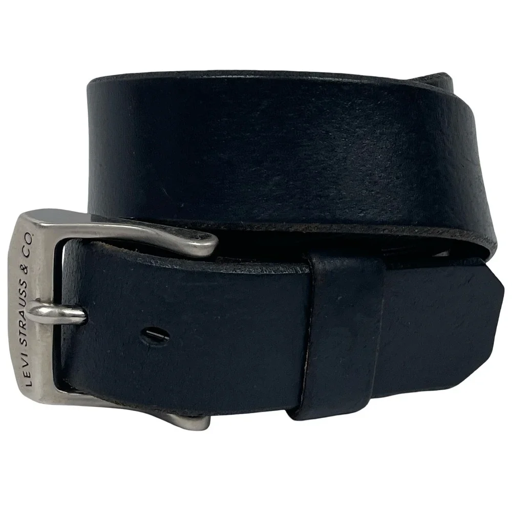 Levi Strauss & Co Italian Leather Belt Mens 36 Black Silver Buckle Made in USA